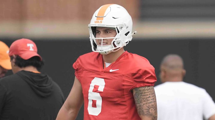 Tennessee quarterback Joey Aguilar (6) during Tennessee football preseason practice, in Knoxville, Tennessee, July 31, 2025. Tennessee quarterback Joey Aguilar (6) during Tennessee football preseason practice, in Knoxville, Tennessee, July 31, 2025.