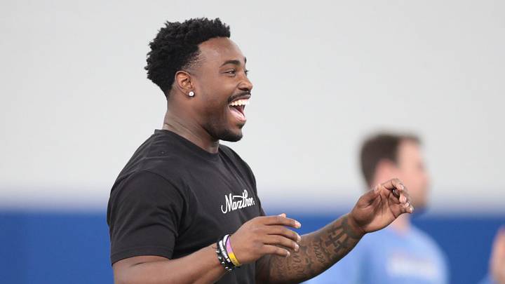Kansas football player Jalon Daniels reacts during Pro Day at the University of Kansas on Wednesday, March 11, 2026. Kansas football player Jalon Daniels reacts during Pro Day at the University of Kansas on Wednesday, March 11, 2026.