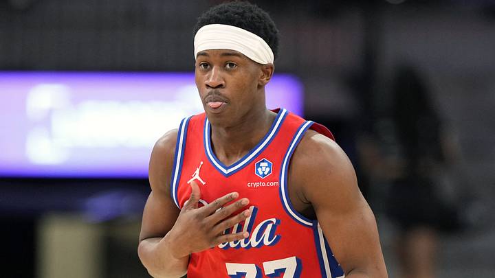Philadelphia 76ers guard VJ Edgecombe (77) reacts after scoring a three-point basket during the first half against the San Antonio Spurs at Frost Bank Center. Philadelphia 76ers guard VJ Edgecombe (77) reacts after scoring a three-point basket during the first half against the San Antonio Spurs at Frost Bank Center.