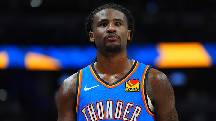 Oct 15, 2024; Denver, Colorado, USA; Oklahoma City Thunder guard Cason Wallace (22) during the second half against the Denver Nuggets at Ball Arena. Mandatory Credit: Ron Chenoy-Imagn Images Oct 15, 2024; Denver, Colorado, USA; Oklahoma City Thunder guard Cason Wallace (22) during the second half against the Denver Nuggets at Ball Arena. Mandatory Credit: Ron Chenoy-Imagn Images