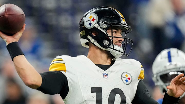 Pittsburgh Steelers quarterback Mitch Trubisky (10) draws back to pass Saturday, Dec. 16, 2023, during a game against the Pittsburgh Steelers at Lucas Oil Stadium in Indianapolis. Pittsburgh Steelers quarterback Mitch Trubisky (10) draws back to pass Saturday, Dec. 16, 2023, during a game against the Pittsburgh Steelers at Lucas Oil Stadium in Indianapolis.