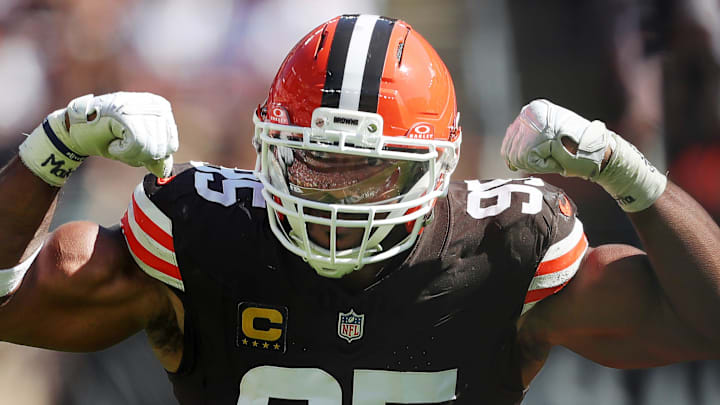 Cleveland Browns defensive end Myles Garrett celebrates after sacking Cincinnati Bengals quarterback Joe Burrow on Sept. 7. Cleveland Browns defensive end Myles Garrett celebrates after sacking Cincinnati Bengals quarterback Joe Burrow on Sept. 7.