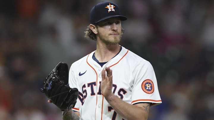 Apr 22, 2025; Houston, Texas, USA; Houston Astros relief pitcher Josh Hader (71) reacts after the final out during the ninth inning against the Toronto Blue Jays at Daikin Park.