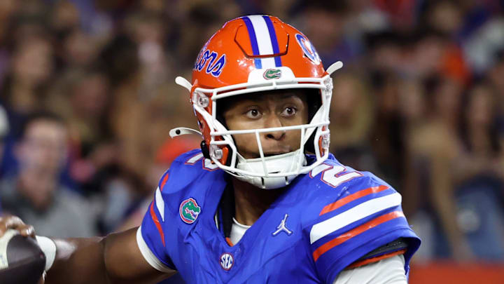 Nov 22, 2025; Gainesville, Florida, USA; Florida Gators quarterback DJ Lagway (2) throws the ball against the Tennessee Volunteers during the first half at Ben Hill Griffin Stadium. Mandatory Credit: Kim Klement Neitzel-Imagn Images