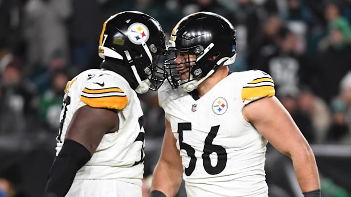 Dec 15, 2024; Philadelphia, Pennsylvania, USA; Pittsburgh Steelers defensive tackle Montravius Adams (57) and  linebacker Alex Highsmith (56) against the Philadelphia Eagles at Lincoln Financial Field. Mandatory Credit: Eric Hartline-Imagn Images