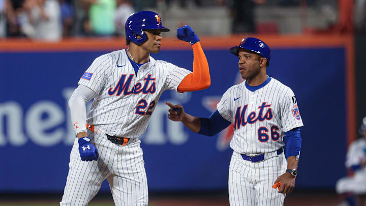 New York Mets right fielder Juan Soto (22) celebrates his RBI single on August 27, 2025