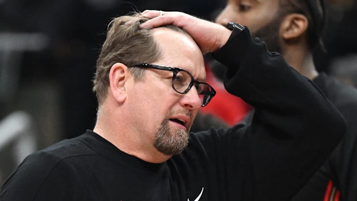 Jan 11, 2026; Toronto, Ontario, CAN; Philadelphia 76ers head coach Nick Nurse reacts after the Toronto Raptors scored a basket in the second half at Scotiabank Arena. Mandatory Credit: Dan Hamilton-Imagn Images