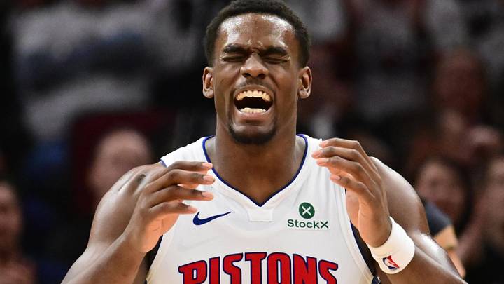 May 11, 2026; Cleveland, Ohio, USA; Detroit Pistons center Jalen Duren (0) reacts after a play against the Cleveland Cavaliers during the second half of game four in the second round of the 2026 NBA Playoffs at Rocket Arena. Mandatory Credit: Ken Blaze-Imagn Images
