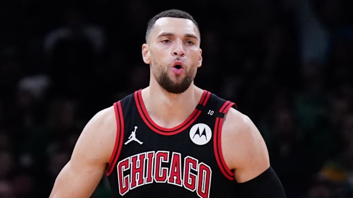 Dec 19, 2024; Boston, Massachusetts, USA; Chicago Bulls guard Zach LaVine (8) reacts after his three point basket against the Boston Celtics late in the second half at TD Garden. Mandatory Credit: David Butler II-Imagn Images
