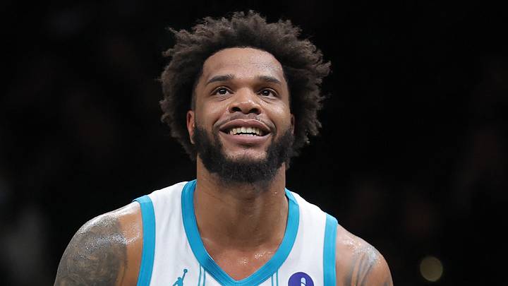 Charlotte Hornets forward Miles Bridges (0) reacts during the third quarter against the Brooklyn Nets at Barclays Center on March 31, 2026.