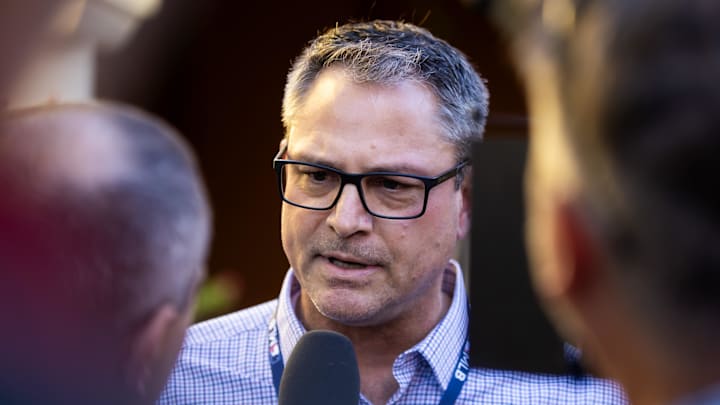 Nov 7, 2023; Scottsdale, AZ, USA; Kansas City Royals general manager J.J. Picollo speaks to the media during the MLB General Manager's Meetings at Omni Scottsdale Resort & Spa. Mandatory Credit: Mark J. Rebilas-Imagn Images