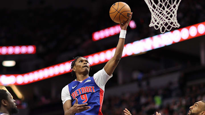 Mar 30, 2025; Minneapolis, Minnesota, USA; Detroit Pistons forward Ausar Thompson (9) shoots the ball against the Minnesota Timberwolves during the first quarter at Target Center. Mandatory Credit: Matt Krohn-Imagn Images