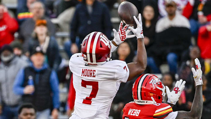 Indiana safety Louis Moore intercepts a pass intended for Maryland receiver Kaleb Webb on Nov. 1, 2025, at SECU Stadium.