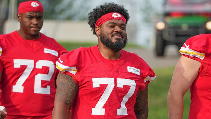 Jul 29, 2026; St. Joseph, MO, USA; KKansas City Chiefs offensive tackle Chukwuebuka Godrick (72) and offensive tackle Jaylon Moore (77) and offensive tackle Matt Waletzko (73) walk down the hill to the practice fields during training camp at Missouri Western State University. Mandatory Credit: Denny Medley-Imagn Images Jul 29, 2026; St. Joseph, MO, USA; KKansas City Chiefs offensive tackle Chukwuebuka Godrick (72) and offensive tackle Jaylon Moore (77) and offensive tackle Matt Waletzko (73) walk down the hill to the practice fields during training camp at Missouri Western State University. Mandatory Credit: Denny Medley-Imagn Images