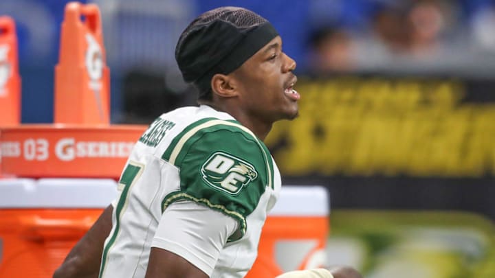 DeSoto's Ethan Feaster warms up after halftime during Friday's game at the Alamodome on Sept. 13, 2024, in San Antonio, Texas.