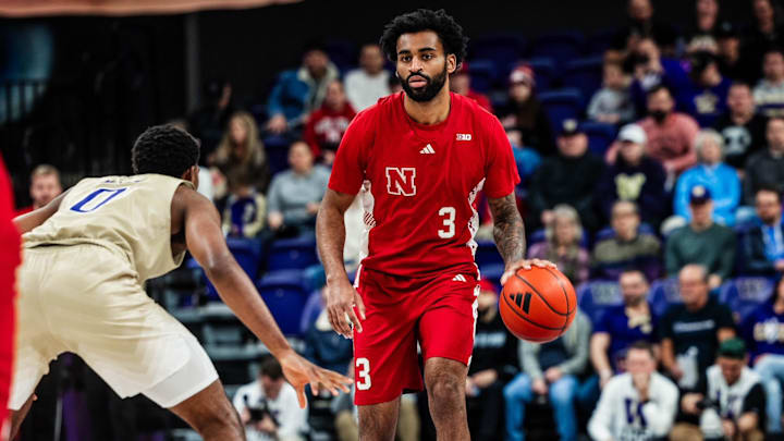 Nebraska guard Brice Williams dribbles the ball against Washington in Seattle on Feb. 6, 2025. Nebraska guard Brice Williams dribbles the ball against Washington in Seattle on Feb. 6, 2025.