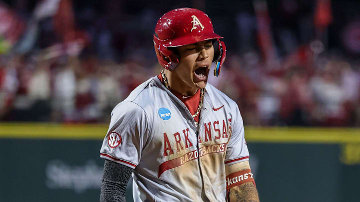 Shortstop Wehiwa Aloy after hitting a homer in the Fayetteville Regional against the Creighton Bluejays in a winner's bracket game. The Razorbacks won 12-1