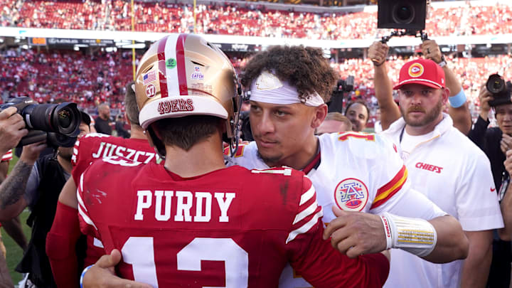 Oct 20, 2024; Santa Clara, California, USA; Kansas City Chiefs quarterback Patrick Mahomes (15) meets with San Francisco 49ers quarterback Brock Purdy (13) after the game at Levi's Stadium. Mandatory Credit: Cary Edmondson-Imagn Images