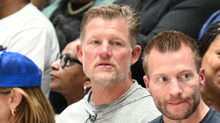 General manager Les Snead (left) and head coach Sean McVay (center). Mandatory Credit: Rob Kinnan-Imagn Images