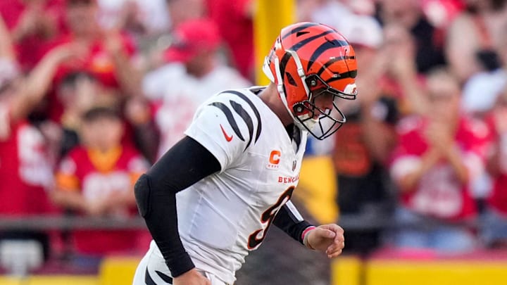 Cincinnati Bengals quarterback Joe Burrow (9) runs off the field after being sacked in the fourth quarter of the NFL Week 2 game between the Kansas City Chiefs and the Cincinnati Bengals at Arrowhead Stadium in Kansas City on Sunday, Sept. 15, 2024. The Chiefs took a 26-25 win with a go-ahead field goal as time expired.