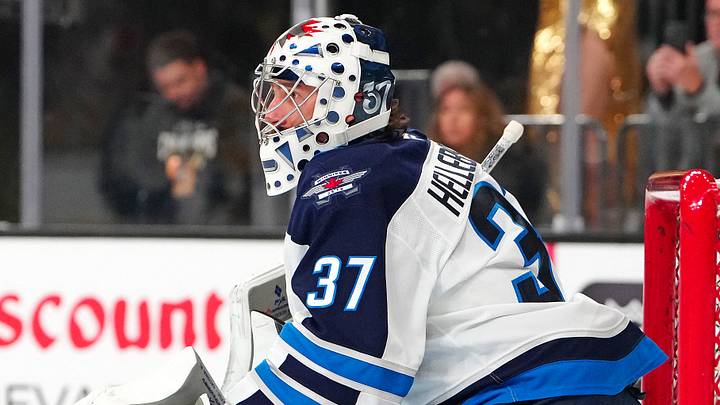 Apr 13, 2026; Las Vegas, Nevada, USA; Winnipeg Jets goaltender Connor Hellebuyck (37) warms up before the start of a game against the Vegas Golden Knights at T-Mobile Arena. Mandatory Credit: Stephen R. Sylvanie-Imagn Images Apr 13, 2026; Las Vegas, Nevada, USA; Winnipeg Jets goaltender Connor Hellebuyck (37) warms up before the start of a game against the Vegas Golden Knights at T-Mobile Arena. Mandatory Credit: Stephen R. Sylvanie-Imagn Images