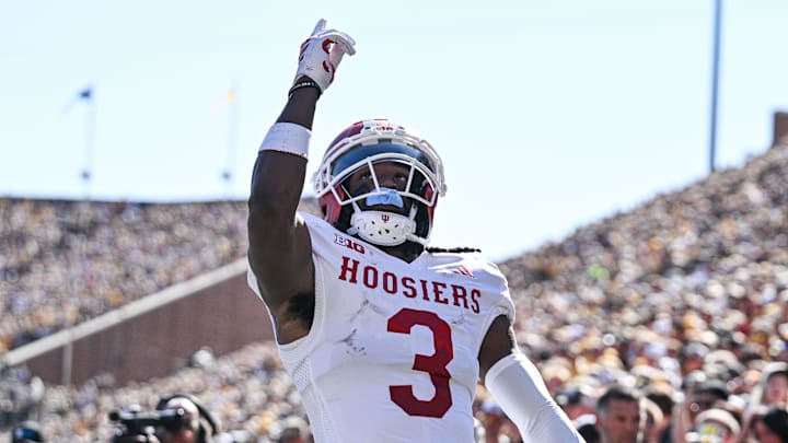 Indiana receiver Omar Cooper Jr. reacts after a touchdown Sept. 27, 2025, against Iowa at Kinnick Stadium in Iowa City. Indiana receiver Omar Cooper Jr. reacts after a touchdown Sept. 27, 2025, against Iowa at Kinnick Stadium in Iowa City.