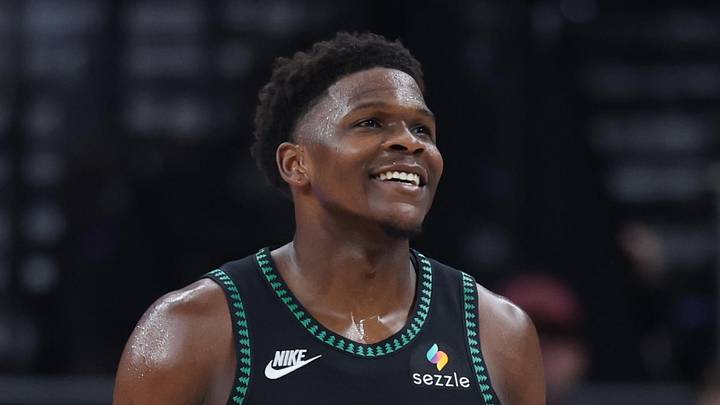 Nov 10, 2025; Salt Lake City, Utah, USA; Minnesota Timberwolves guard Anthony Edwards (5) reacts to a play against the Utah Jazz during the second half at Delta Center. Mandatory Credit: Rob Gray-Imagn Images