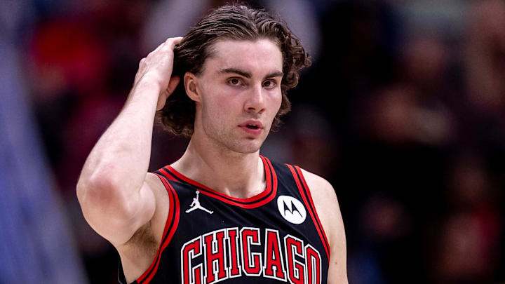 Oct 23, 2024; New Orleans, Louisiana, USA;  Chicago Bulls guard Josh Giddey (3) looks on against the New Orleans Pelicans during the first half at Smoothie King Center. Mandatory Credit: Stephen Lew-Imagn Images