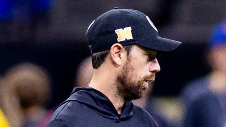 Sep 8, 2024; New Orleans, Louisiana, USA;  New Orleans Saints offensive coordinator Klint Kubiak  against the Carolina Panthers during the pregame at Caesars Superdome. Mandatory Credit: Stephen Lew-Imagn Images