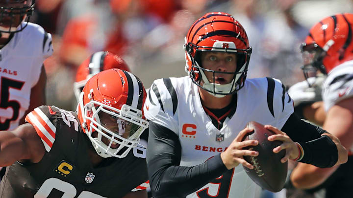 Cleveland Browns defensive end Myles Garrett (95) chases down Cincinnati Bengals quarterback Joe Burrow (9) during the first half of an NFL football game at Huntington Bank Field, Sept. 7, 2025, in Cleveland, Ohio. Cleveland Browns defensive end Myles Garrett (95) chases down Cincinnati Bengals quarterback Joe Burrow (9) during the first half of an NFL football game at Huntington Bank Field, Sept. 7, 2025, in Cleveland, Ohio.