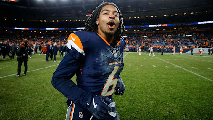 Dec 2, 2024; Denver, Colorado, USA; Denver Broncos safety P.J. Locke (6) celebrates after the game against the Cleveland Browns at Empower Field at Mile High. Dec 2, 2024; Denver, Colorado, USA; Denver Broncos safety P.J. Locke (6) celebrates after the game against the Cleveland Browns at Empower Field at Mile High.