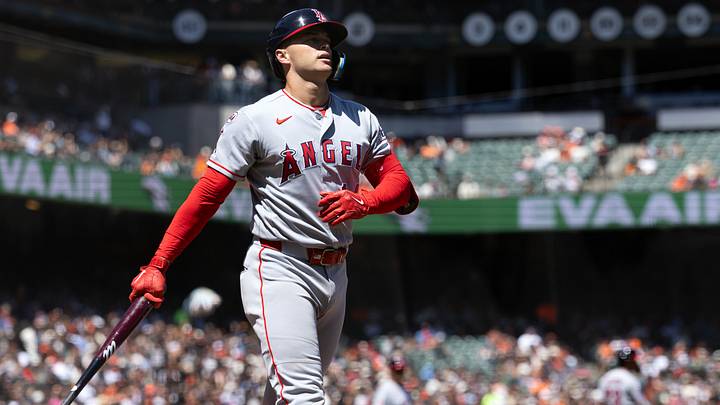 Jul 26, 2026; San Francisco, California, USA; Los Angeles Angels catcher Logan O'Hoppe (14) reacts to striking out against the San Francisco Giants during the seventh inning at Oracle Park. Mandatory Credit: D. Ross Cameron-Imagn Images Jul 26, 2026; San Francisco, California, USA; Los Angeles Angels catcher Logan O'Hoppe (14) reacts to striking out against the San Francisco Giants during the seventh inning at Oracle Park. Mandatory Credit: D. Ross Cameron-Imagn Images