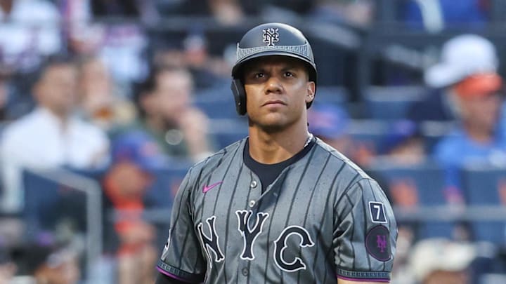 Sep 20, 2025; New York City, New York, USA; New York Mets right fielder Juan Soto (22) walks back to the dugout after striking out to end the eighth inning against the Washington Nationals at Citi Field. Mandatory Credit: Wendell Cruz-Imagn Images