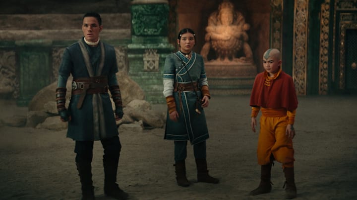 Avatar: The Last Airbender. (L to R) Ian Ousley as Sokka, Kiawentiio as Katara, Gordon Cormier as Aang in season 1 of Avatar: The Last Airbender. Cr. Courtesy of Netflix © 2024