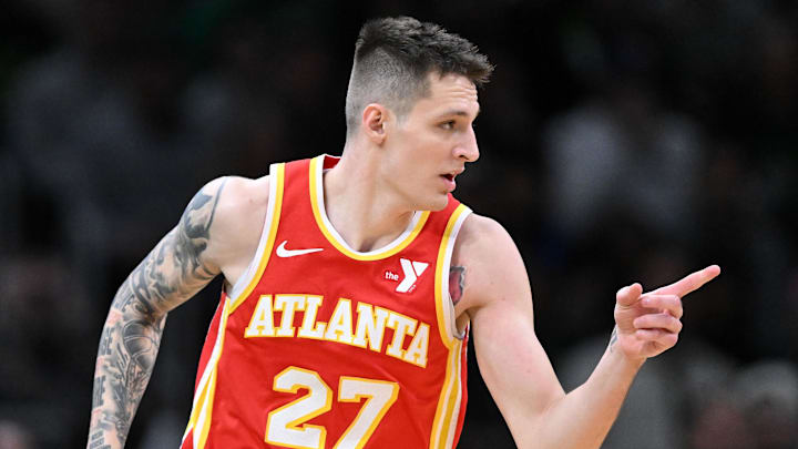Jan 18, 2025; Boston, Massachusetts, USA; Atlanta Hawks guard Vit Krejci (27) reacts after making a basket against the Boston Celtics during the fourth quarter at the TD Garden. Mandatory Credit: Brian Fluharty-Imagn Images