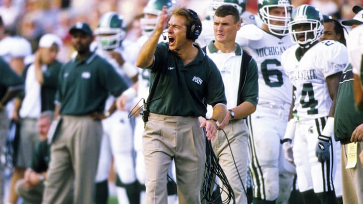Oct 16, 1999; Wabash, IN, USA; FILE PHOTO; Michigan State Spartans head coach Nick Saban on the sidelines during the game against the Purdue Boilermakers at Ross-Ade Stadium. Mandatory Credit: RVR Photos-Imagn Images 