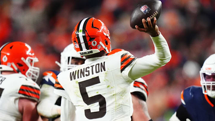 Dec 2, 2024; Denver, Colorado, USA; Cleveland Browns quarterback Jameis Winston (5) passes the ball in the second half against the Denver Broncos at Empower Field at Mile High. Mandatory Credit: Ron Chenoy-Imagn Images