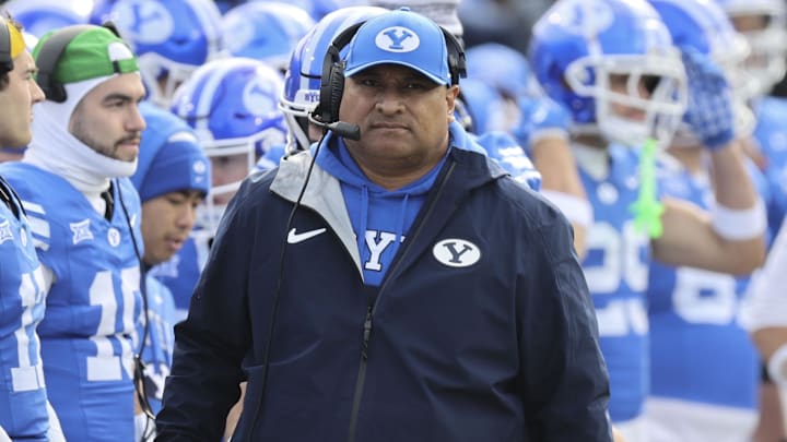 Nov 29, 2025; Provo, Utah, USA; BYU Cougars head coach Kalani Sitake during the first half against the UCF Knights at LaVell Edwards Stadium. Mandatory Credit: Rob Gray-Imagn Images Nov 29, 2025; Provo, Utah, USA; BYU Cougars head coach Kalani Sitake during the first half against the UCF Knights at LaVell Edwards Stadium. Mandatory Credit: Rob Gray-Imagn Images