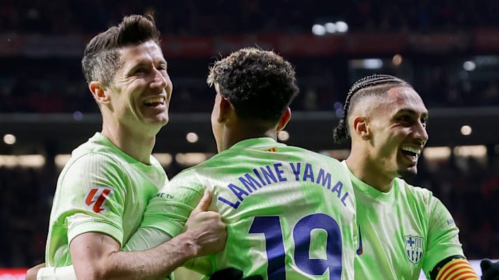 Robert Lewandowski (left), Lamine Yamal and Raphinha last started a match together a season ago. 