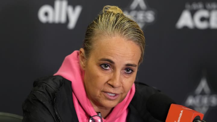 Jul 29, 2025; Los Angeles, California, USA; Las Vegas Aces coach Becky Hammon at a press conference at Crypto.com Arena. Mandatory Credit: Kirby Lee-Imagn Images Jul 29, 2025; Los Angeles, California, USA; Las Vegas Aces coach Becky Hammon at a press conference at Crypto.com Arena. Mandatory Credit: Kirby Lee-Imagn Images