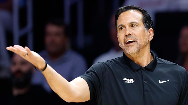 Miami Heat head coach Erik Spoelstra reacts  (Mandatory Credit: Rhona Wise-Imagn Images)