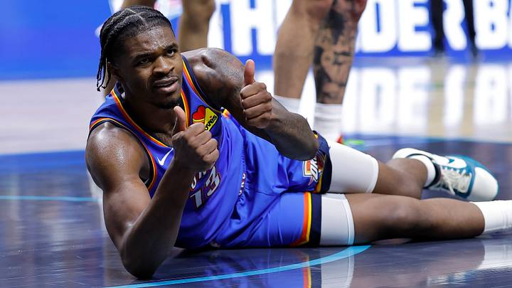 Oct 6, 2026; Tulsa, Oklahoma, USA; Oklahoma City Thunder guard Otega Oweh (13) gives a thumbs up after a play against the New Orleans Pelicans during the second half at BOK Center. Mandatory Credit: Alonzo Adams-Imagn Images