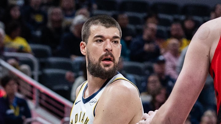 Mar 18, 2026; Indianapolis, Indiana, USA; Indiana Pacers center Ivica Zubac (40) holds the ball as Portland Trail Blazers center Donovan Clingan (23) defends in the first half at Gainbridge Fieldhouse. Mandatory Credit: Trevor Ruszkowski-Imagn Images Mar 18, 2026; Indianapolis, Indiana, USA; Indiana Pacers center Ivica Zubac (40) holds the ball as Portland Trail Blazers center Donovan Clingan (23) defends in the first half at Gainbridge Fieldhouse. Mandatory Credit: Trevor Ruszkowski-Imagn Images