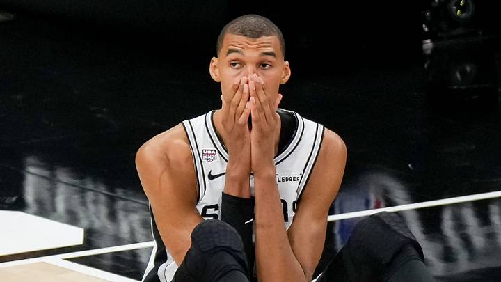 Jun 13, 2026; San Antonio, Texas, USA; San Antonio Spurs forward Victor Wembanyama (1) reacts after a play against the New York Knicks in the second half during game five of the 2026 NBA Finals at Frost Bank Center. Mandatory Credit: Scott Wachter-Imagn Images