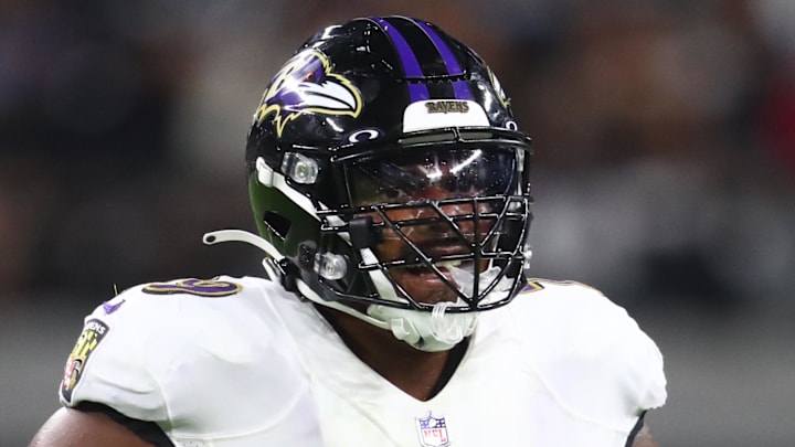 Sep 13, 2021; Paradise, Nevada, USA; Baltimore Ravens offensive tackle Ronnie Stanley (79) against the Las Vegas Raiders during Monday Night Football at Allegiant Stadium. Mandatory Credit: Mark J. Rebilas-Imagn Images Sep 13, 2021; Paradise, Nevada, USA; Baltimore Ravens offensive tackle Ronnie Stanley (79) against the Las Vegas Raiders during Monday Night Football at Allegiant Stadium. Mandatory Credit: Mark J. Rebilas-Imagn Images