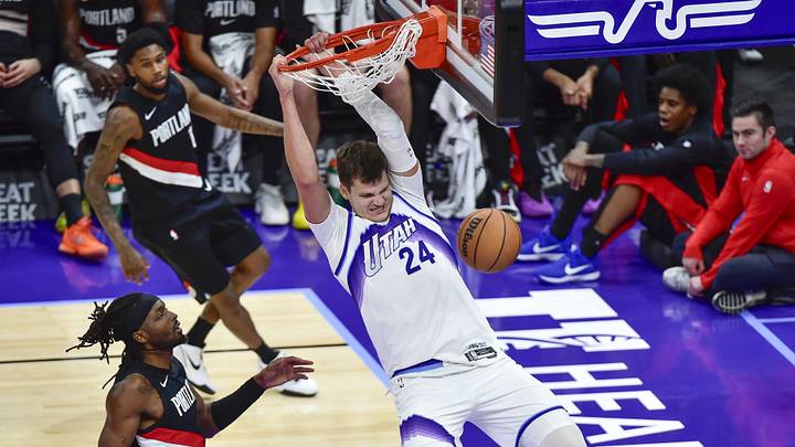 Oct 16, 2025; Salt Lake City, Utah, USA; Utah Jazz center Walker Kessler (24) makes a slam dunk during the second half over Portland Trail Blazers guard Damian Lillard (0) at Delta Center. Mandatory Credit: Peter Creveling-Imagn Images Oct 16, 2025; Salt Lake City, Utah, USA; Utah Jazz center Walker Kessler (24) makes a slam dunk during the second half over Portland Trail Blazers guard Damian Lillard (0) at Delta Center. Mandatory Credit: Peter Creveling-Imagn Images
