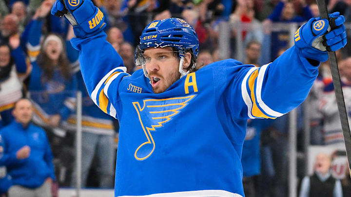 Mar 13, 2026; St. Louis, Missouri, USA; St. Louis Blues center Robert Thomas (18) reacts after scoring the game winning goal against the Edmonton Oilers during overtime at Enterprise Center. Mandatory Credit: Jeff Curry-Imagn Images