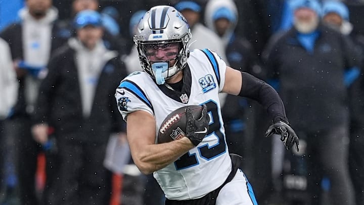 Dec 15, 2024; Charlotte, North Carolina, USA; Carolina Panthers wide receiver Adam Thielen (19) runs after a catch during the second half against the Dallas Cowboys at Bank of America Stadium. Mandatory Credit: Jim Dedmon-Imagn Images Dec 15, 2024; Charlotte, North Carolina, USA; Carolina Panthers wide receiver Adam Thielen (19) runs after a catch during the second half against the Dallas Cowboys at Bank of America Stadium. Mandatory Credit: Jim Dedmon-Imagn Images