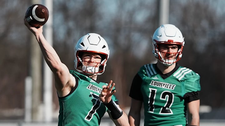 Louisville QB Miller Moss (7) passes during practice outside the Trager Center in Louisville, Ky. on Mar. 1, 2025. Louisville QB Miller Moss (7) passes during practice outside the Trager Center in Louisville, Ky. on Mar. 1, 2025.