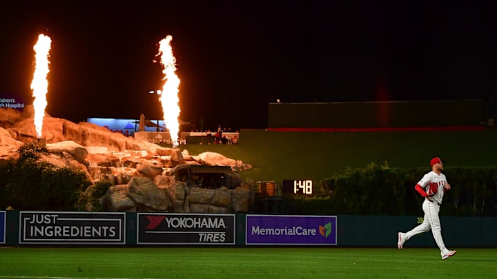 Jun 24, 2025; Anaheim, California, USA; Los Angeles Angels pitcher Reid Detmers (48) enters for the tenth inning against the Boston Red Sox at Angel Stadium. Mandatory Credit: Gary A. Vasquez-Imagn Images